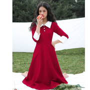 juju定制法式复古红色中长裙收腰显瘦翻领撞色七分袖连衣裙春秋女
