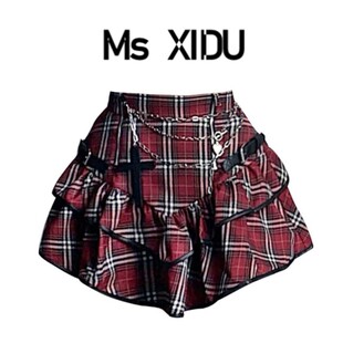 Ms XIDU美式复古格子蛋糕裙经典朋克少女摇滚辣妹设计感半身裙a字