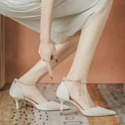 法式珍珠小高跟鞋女细跟2023年夏旗袍气质婚鞋一字扣尖头单鞋