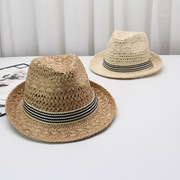 手工编织爵士帽子英伦遮阳防晒巴拿马草帽沙滩太阳帽男女亲子礼帽
