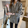 韩版2023春秋黑白条纹衬衫，女复古港味上衣，轻熟设计感雪纺衬衣