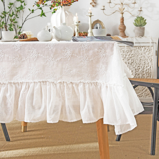 桌布法式荷叶边白色绣花美式餐桌茶几北欧轻奢感布艺圆桌方桌台布