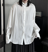 春款长袖衬衫女个性褶皱宽松冷淡风设计感上衣黑色衬衣