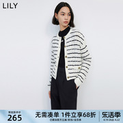 lily2024春女装含绵羊毛复古条纹优雅小香风，修身短款针织开衫