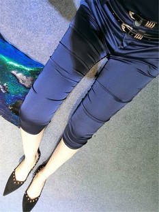 欧洲站2021夏时尚铅笔裤宝蓝色亮丝七分裤时尚职业收腿裤女裤
