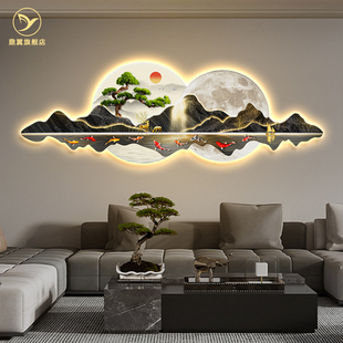 新中式客厅装饰画沙发背景墙，挂画迎客松大气山水画，发光壁画风景画