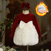 圣诞新年衣服女童连衣裙，秋冬儿童女宝宝周岁礼服，加绒红色公主裙子