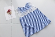 夏女童装女宝宝蓝条纹蕾丝花朵拼接无袖 T恤