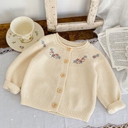 韩版婴儿春秋装女童针织棉纱，线衣绣花洋气，开衫女宝宝长袖百搭外套