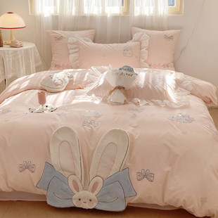 可爱少女纯棉水洗棉四件套，全棉床单儿童床上用品小兔子公主风被套