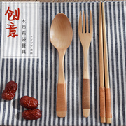 原木叉勺筷盒套装便携筷子，木质勺子叉子布袋创意，餐具勺筷套装餐具