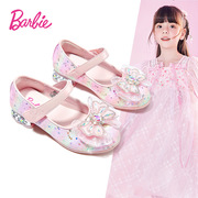 芭比女童鞋子2024春秋皮鞋，韩版小公主蝴蝶结高跟演出单鞋
