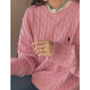 韩系慵懒小麻花套头针织衫，女秋季新宽松(新宽松)纯色，复古长袖圆领外穿毛衣