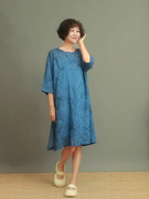 姜欢设计夏款湖蓝色天丝麻提花做旧感一字领7分袖宽松连衣裙 陌