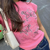 gagaopt2024蝴蝶印花短袖棉质上衣女欧美街拍夏季潮人粉色T恤