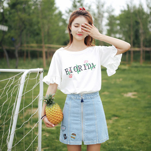 ulzzang2024夏装韩版小清新刺绣荷叶，边喇叭袖短袖，t恤上衣女生