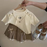 儿童蝴蝶结甜美套装小女童链条短袖T恤宝宝蕾丝边牛仔短裙两件套