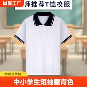 中小学生校服短袖T恤夏季中大童白色藏青翻领polo衫校服上衣纯棉