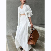 设计师买手店高级感白色亚麻套装简约时髦衬衫上衣开叉中长半身裙