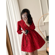 拜年服红色连衣裙女春装2024女装新年礼服，过年喜庆中国风裙子