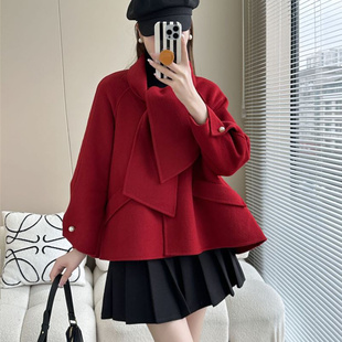 红色双面羊绒大衣女短款小个子，韩版宽松高端斗篷羊毛呢外套