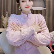 名媛新中式国风加绒蕾丝衬衫女秋冬季设计感精致盘扣修身气质上衣
