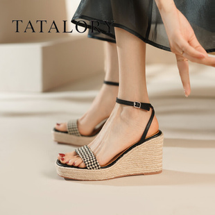tatalory女鞋2024法式一字带，坡跟厚底高跟鞋女夏季草编凉鞋