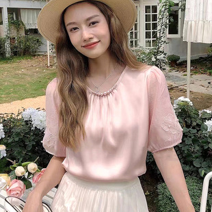 knitco夏季粉色甜美圆领，钉珠皱褶流光真丝绣花雪纺，袖上衣短袖小衫