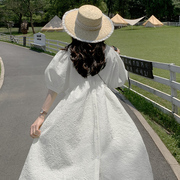 泡泡袖白色娃娃裙夏季小个子可爱高级感两面穿立体浮雕法式连衣裙