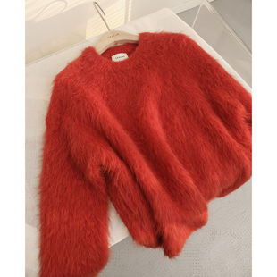 23秋冬新年红色羊驼毛衣，慵懒毛衣套头纯色，简约长毛羊驼绒针织