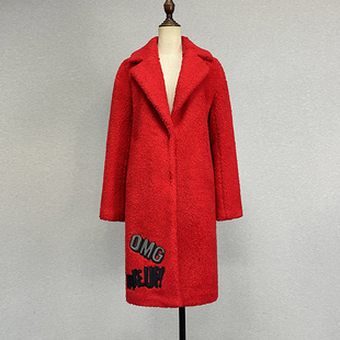 品牌折扣中长款红色毛呢，大衣女本命年西装领单排扣字母刺绣花外套