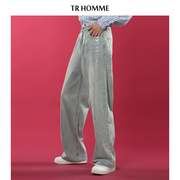 trhomme轻熟风设计感个性，直筒宽松浅蓝色牛仔裤，男百搭阔腿长裤