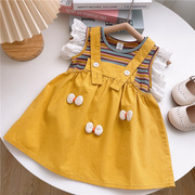 韩国童装夏季女童飞袖t恤背带连衣裙两件套时尚宝宝短袖套装婴儿