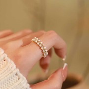 双排珍珠锆石戒指小众设计奢高级感开口指环时尚百搭食指戒配饰女