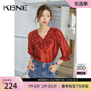 红色衬衫女短袖，kbne2024夏季法式上衣330311101