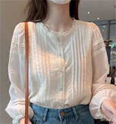 2024春季韩版设计感灯笼袖蕾丝花边长袖衬衫女高级感小衫上衣