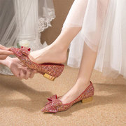 订婚鞋子女孕妇平底新娘，鞋红色水晶公主，婚纱两穿不累脚高级感
