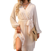 ebay跨境秋季纯色连衣裙女欧美优雅通勤风系带高腰短裙女