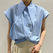 韩国chic夏季简约奶软蓝尖尖领宽松百搭大口袋设计无袖衬衫上衣女