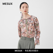 MESUX米岫雪纺印花法式复古透视双翻领系带长袖衬衫女MKSUD501