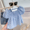 女童洋气泡泡短袖衬衫2024夏季韩版宝宝格子上衣女孩纯棉衬衣