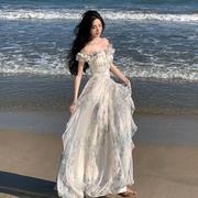 度假风飘逸超仙雪纺连衣裙夏日法式荷叶边海边沙滩吊带长裙高级感