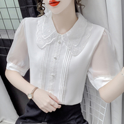 雪纺衫女短袖2023夏季韩版宽松洋气小衫白色蕾丝娃娃领上衣女