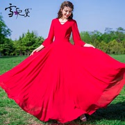 红色雪纺连衣裙2024夏V领收腰长款气质大摆夏天显瘦长裙女