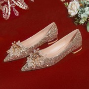 结婚鞋子女孕妇平底新娘鞋，香槟金色水晶，伴娘婚纱两穿不累脚高级感