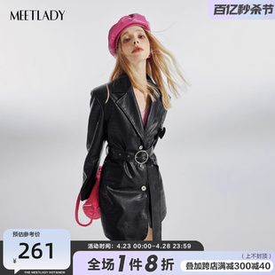 MEETLADY肌理感黑色皮衣外套女2023秋季新欧美高街设计感小众上衣