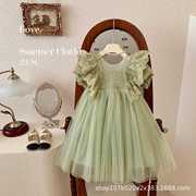 女童连衣裙夏季2024儿童蕾丝，镂空花边袖洋气，绿色网纱公主裙子