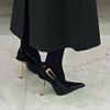 高跟鞋女2024年秋季尖头金属细跟高级感宴会女鞋漆皮黑色单鞋