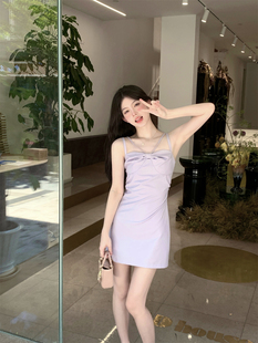 lxlilium香芋桃桃酥紫色气质，款吊带裙女夏季蝴蝶结，法式连衣裙