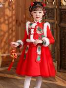 汉服女童冬装2022加绒加厚中国风拜年服儿童唐装公主裙表演服